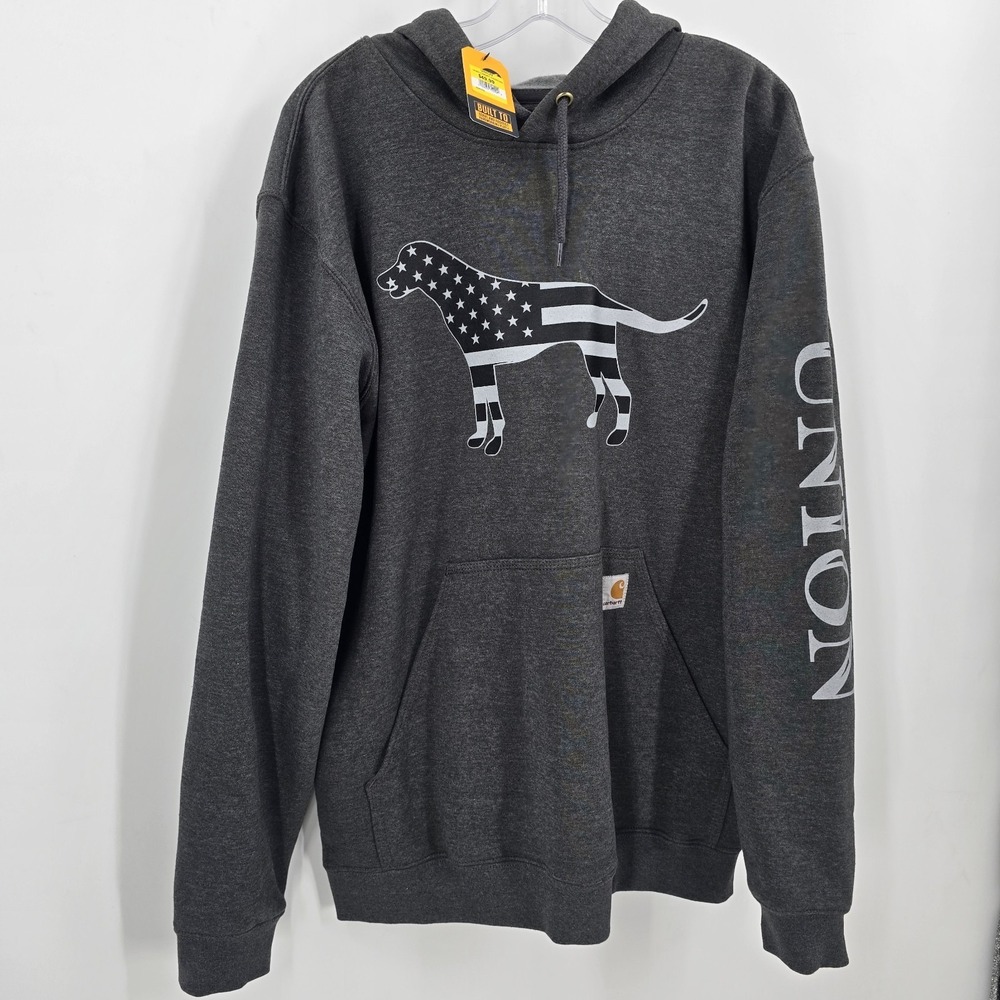 Carhartt Hoodie Mens L Grey Flag Dog Union Graphic Loose Fit Midweight Hoodie